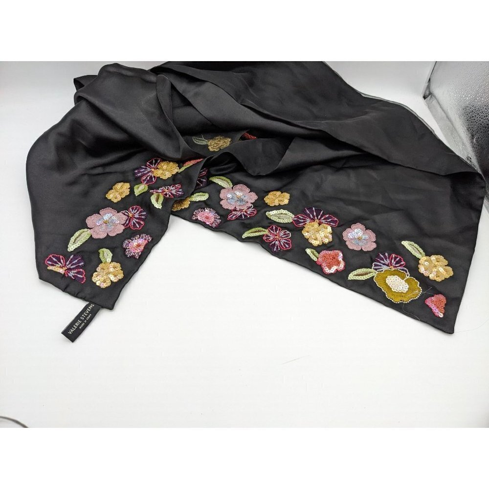 Valerie Stevens scarf black floral satiny  81 in sequins  long‎